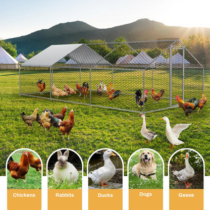 ROOMTEC Chicken Coop Large Metal Chicken Run for 20-30 Chickens,Dog Kennel Outdoor with Waterproof and Anti-UV Cover Lockable Door Design(9.8'Lx19.6'Wx6.4'H)