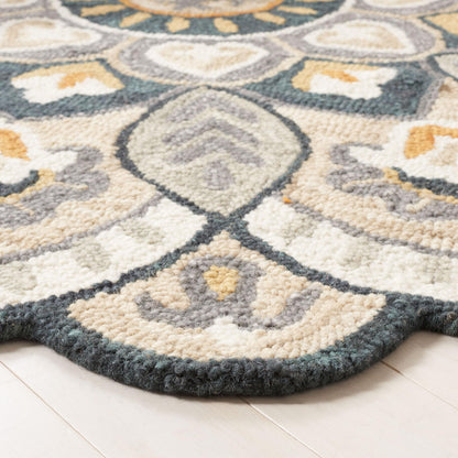 SAFAVIEH Novelty Collection Area Rug - 8' Round, Beige & Navy, Handmade Boho Floral Rustic Country Wool, Ideal for The Living Room, Dining Room, Bedroom (NOV604B-8R)