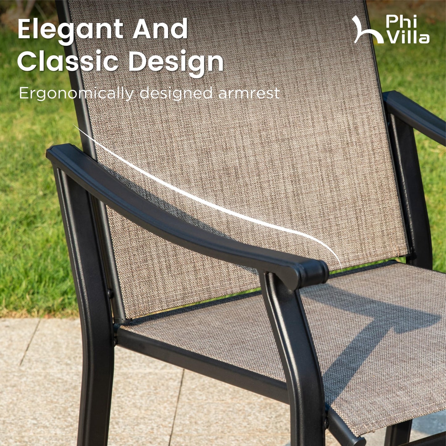 PHI VILLA Patio Dining Table and Chairs for 6,Outdoor Chairs with Textilene Fabric,Quick-Dry and Waterproof,Large Metal Table with Umbrella Hole,Durable and Sturdy for Outside,Garden,Yard
