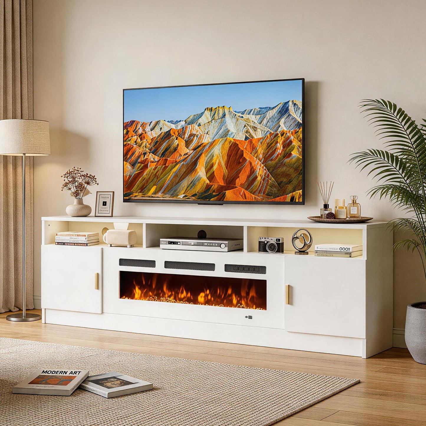OneBlis 70" Fireplace TV Stand with Power Outlet, Electric Fireplace Entertainment Center with Storage Cabinets, Fits TVs up to 80", TV Console with LED Lights for Living Room, Office, White-White