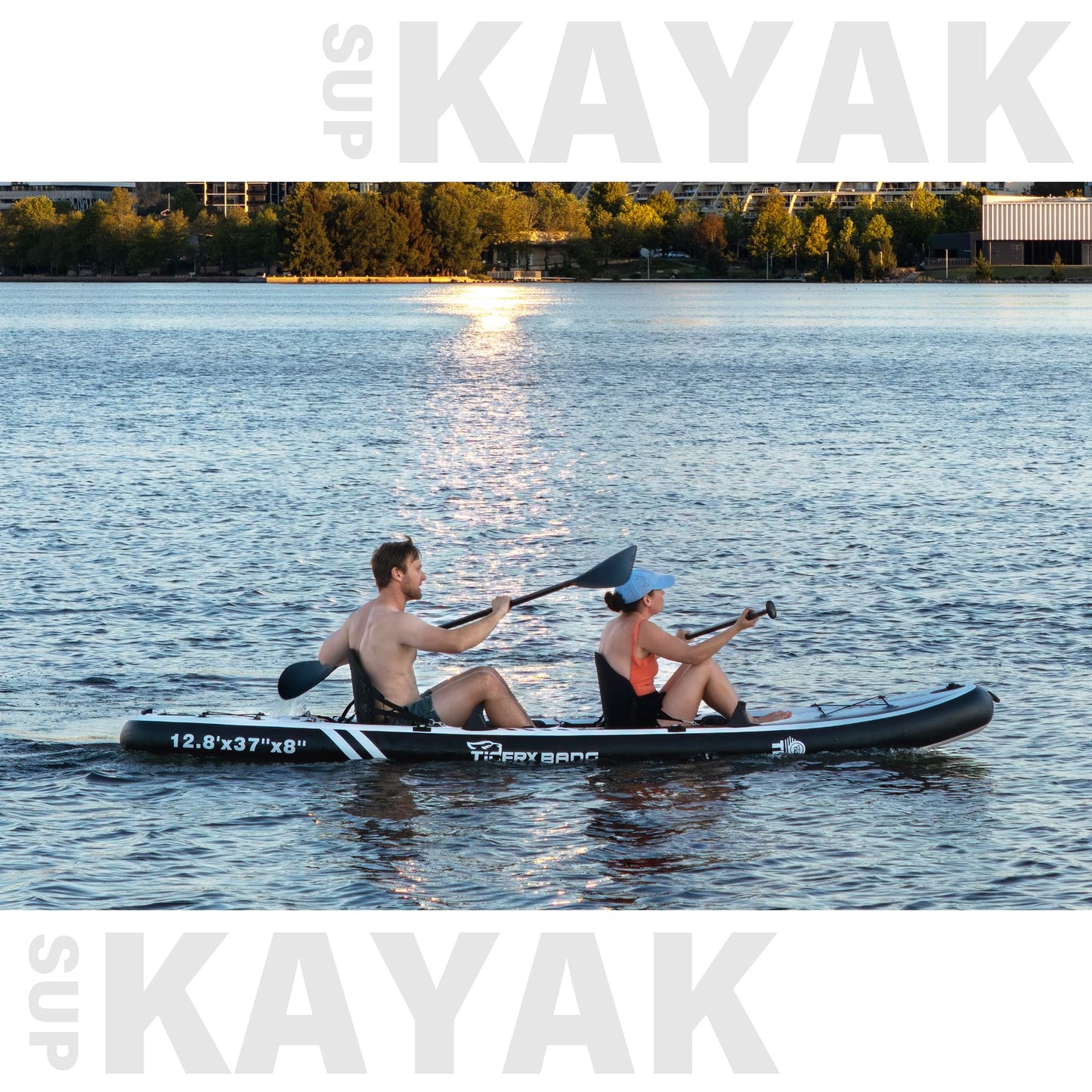 TIGERXBANG 12'8" Inflatable Tandem Kayak, Fishing & Touring, 2 Seats, Adjustable Paddle, Perfect for Family Adventures & Fishing, Includes Backpack & Repair Kit