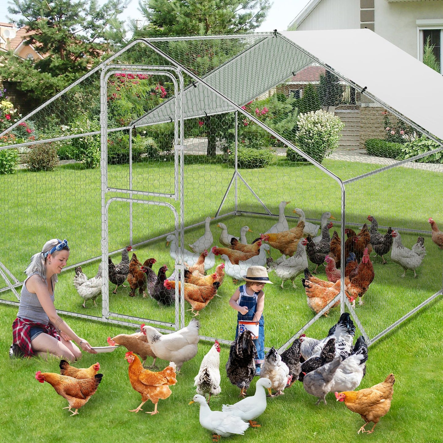 13.1' L x 9.8' W x 6.6' H Large Metal Chicken Coop, Outdoor Chicken Run with Cover and Double Door for Backyard Farm Yard