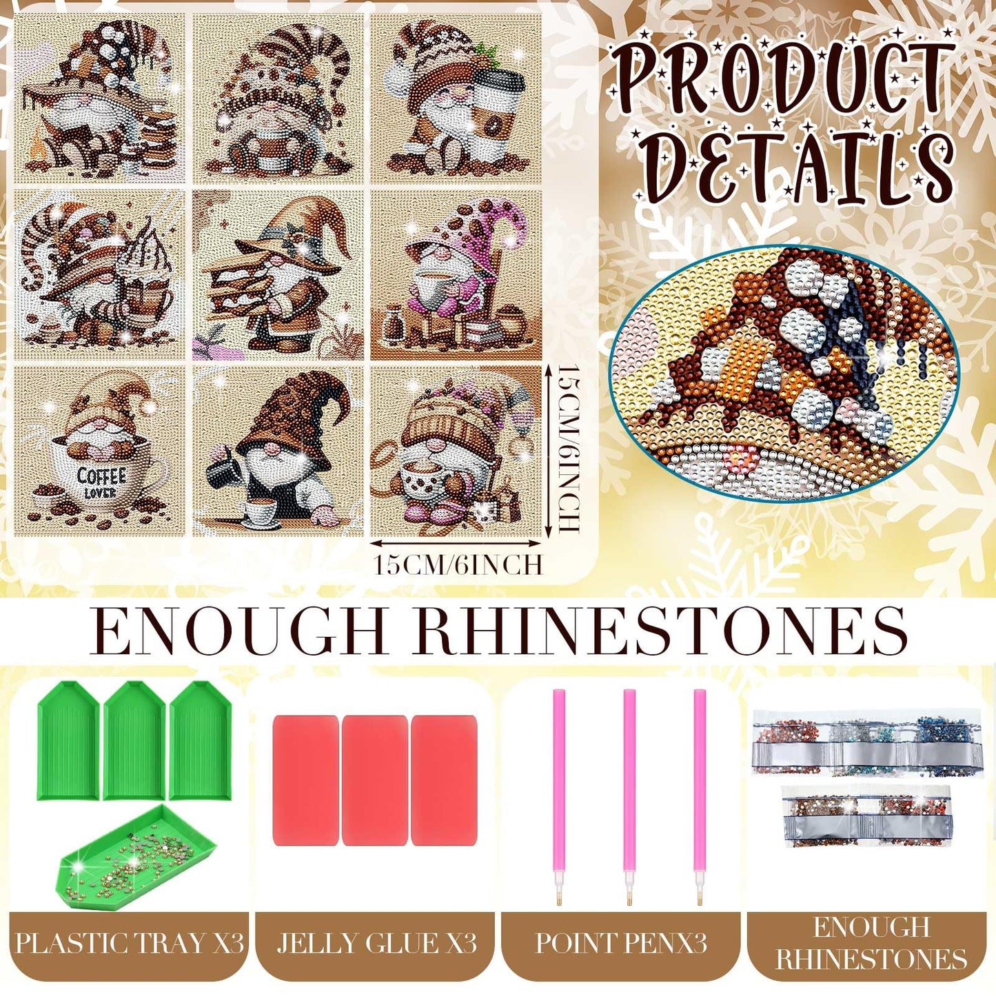 TecUnite 9 Pcs Coffee Gnomes Diamond Painting Art Diamond Painting Kit for Beginners DIY Rhinestone Gem Crafts for Christmas Home Wall Decor 6 x 6 Inch