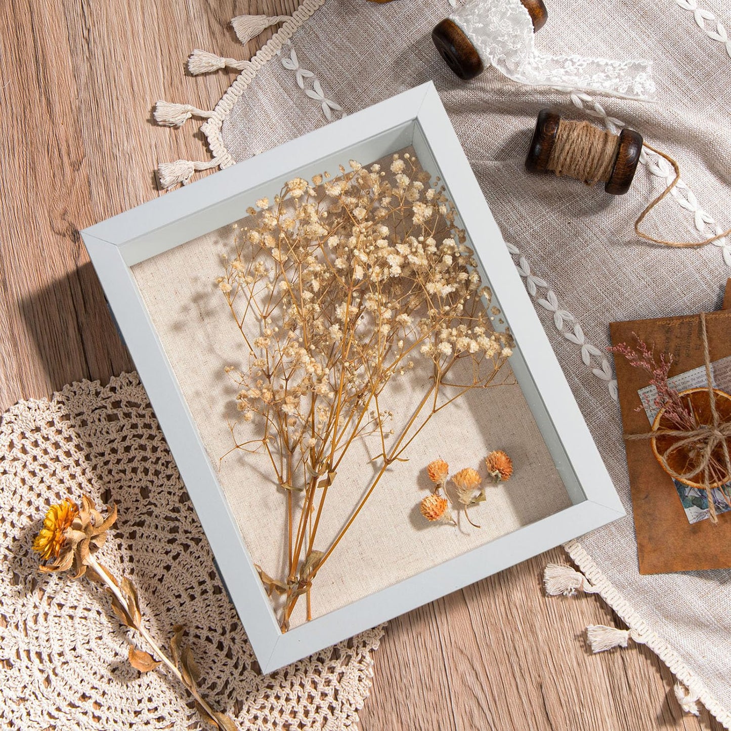 Califortree 8x10 Shadow Box Frame with Linen Back - Sturdy Rustic Memory Display Case of Flower, Pictures, Medals and More, White
