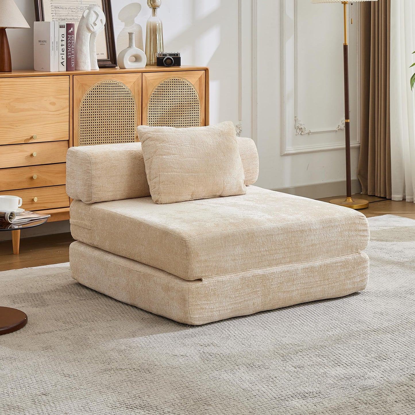 KEIKI Convertible Floor Sofa Bed with Fixed-Shape Frame, Single Seater Boneless Modular Sectional Sofa, No Assembly Required, Compressed Sleeper Couch for Living Room Bedroom, Lounge, Beige