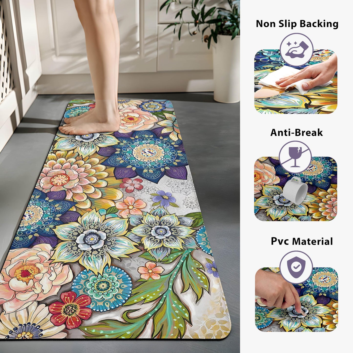 Tubeamin Boho Floral Kitchen Rugs Mats for Floor 2 Piece Memory Foam Padded Kitchen Mats Anti Fatigue Non Slip Cushioned Comfort Standing Mat, 17.3x28+17.3x47 Inch