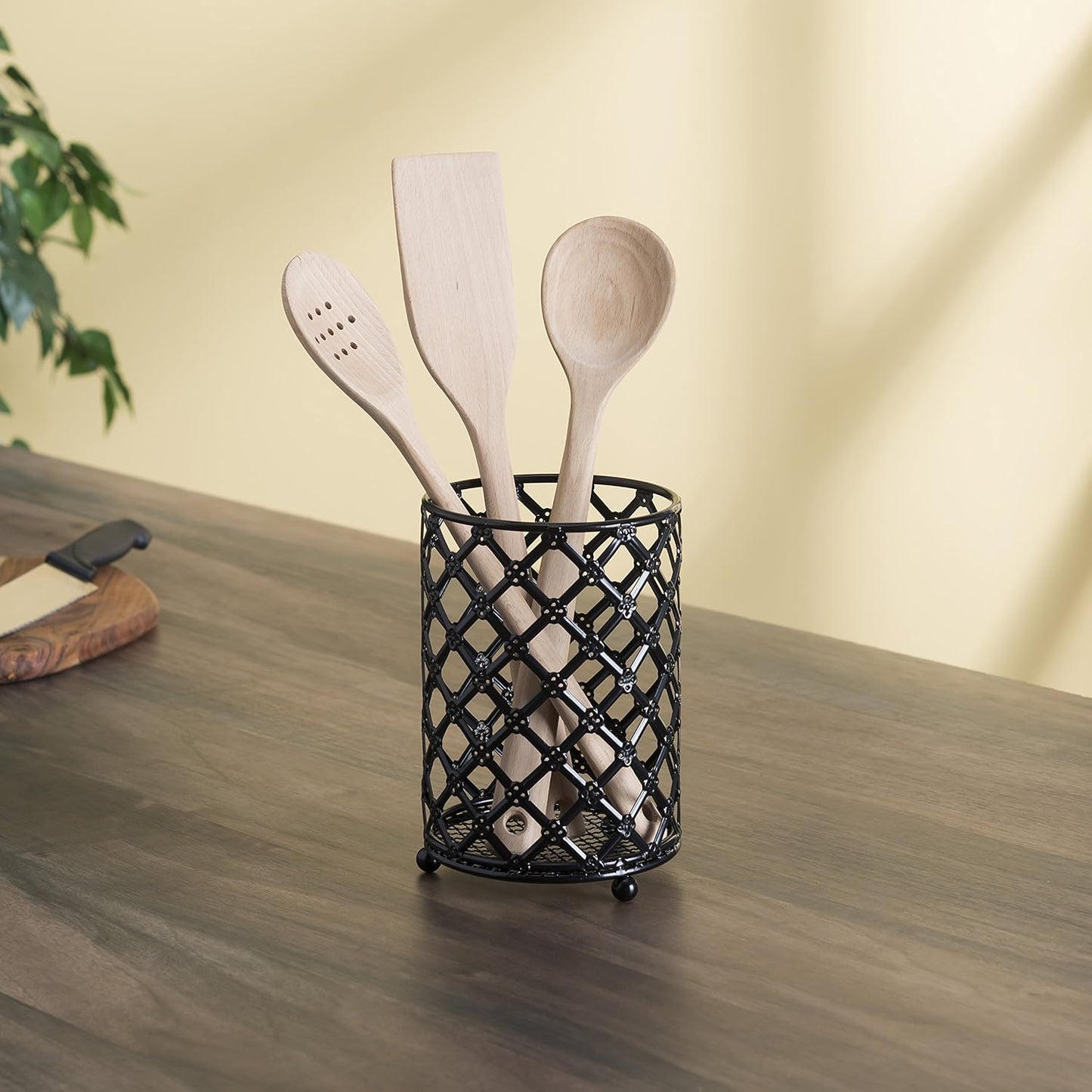 Home Basics Heavy Duty Steel Lattice Cutlery Holder, Utensil Organizer, Rust-resistant, Black, 5" x 5" x 7"