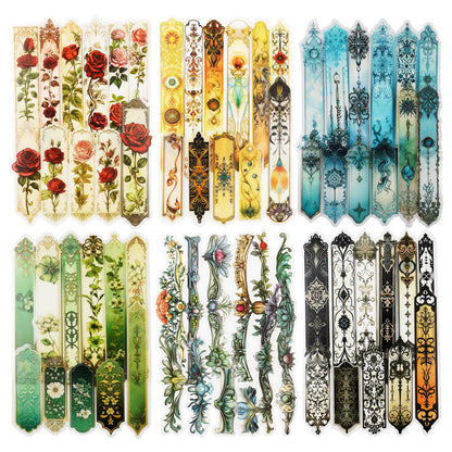 Miyouluna 120PCS PET Strip Stickers, Gothic, Rose, Baroque, Emerald, Amber and Snow Style Designs in Vintage Aesthetic, Scrapbook and Journal Labels, Transparent Waterproof DIY Supplies
