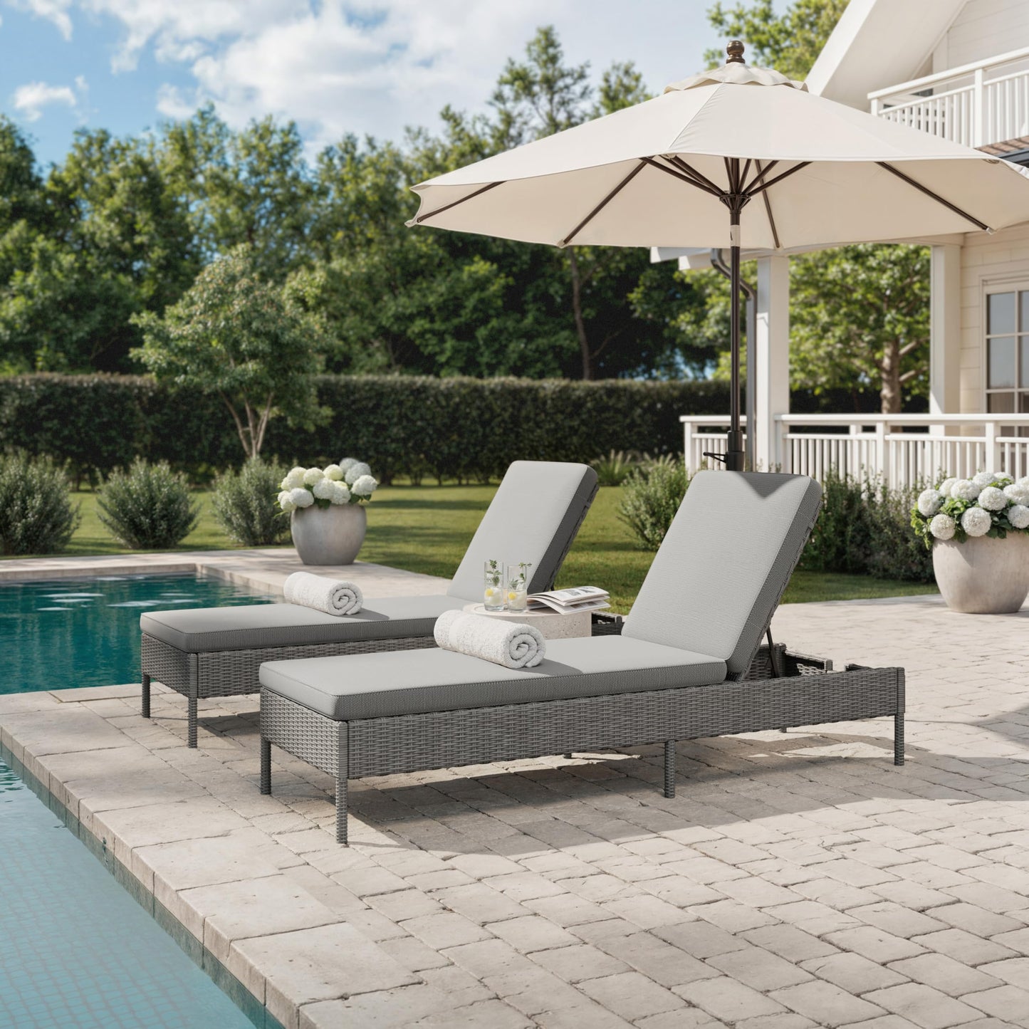 Martha Stewart Bedford Indoor-Outdoor Patio Chaise Lounge Chair with Adjustable Back and Rattan Wicker Finish in Gray with Gray All-Weather Cushions