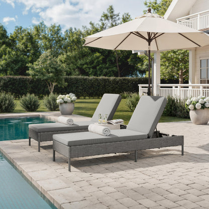 Martha Stewart Bedford Indoor-Outdoor Patio Chaise Lounge Chair with Adjustable Back and Rattan Wicker Finish in Gray with Gray All-Weather Cushions