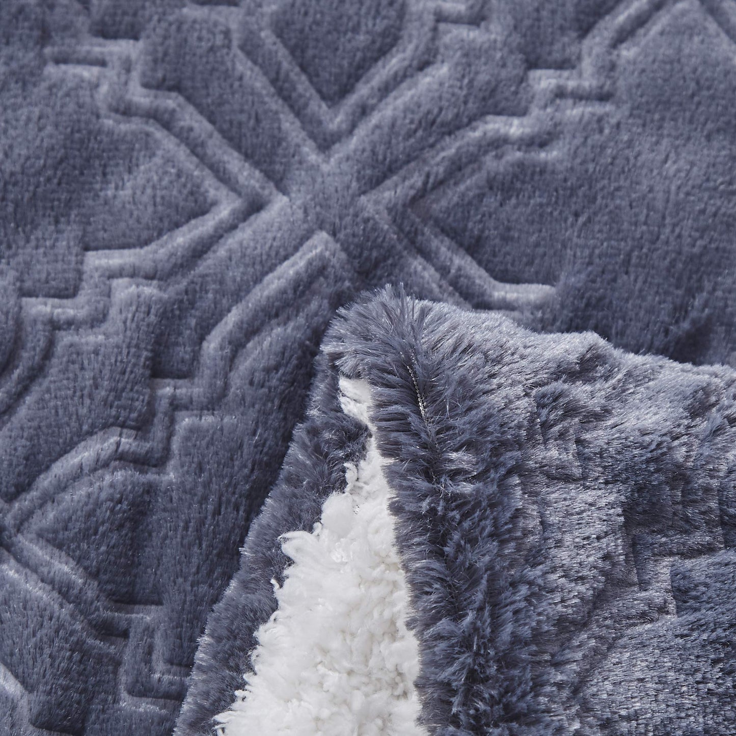 Tache Faux Fur Throw Blanket Dark Slate Navy Blue Diamond Trellis Pattern Super Soft Warm Fluffy Fuzzy Small Decorative Couch Lap White Sherpa Back Throw Blanket, 50x60