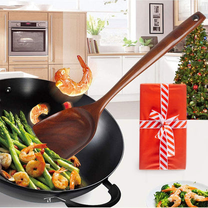 FJNATINH Wooden Wok Spatula Ladle Tool Set, 14-inch Long Handle Teak Spatula