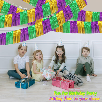 4 Packs Total 39 Ft Mardi Gras Parade Floats for Trailer Car, Green Gold Purple Foil Fringe Garland Tinsel Streamers Banner Table Skirts for Halloween Graduation Homecoming Birthday Party Decor