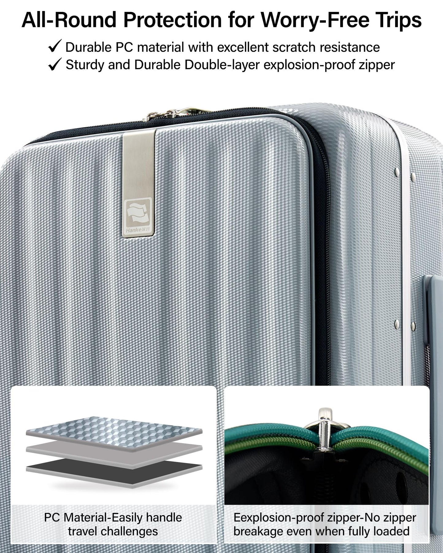 Hanke 26 Inch Large Checked Luggage PC Hard Shell Luggage Top Opening Travel Luggage Suitcases with Wheels for Woman Men.(Grey)
