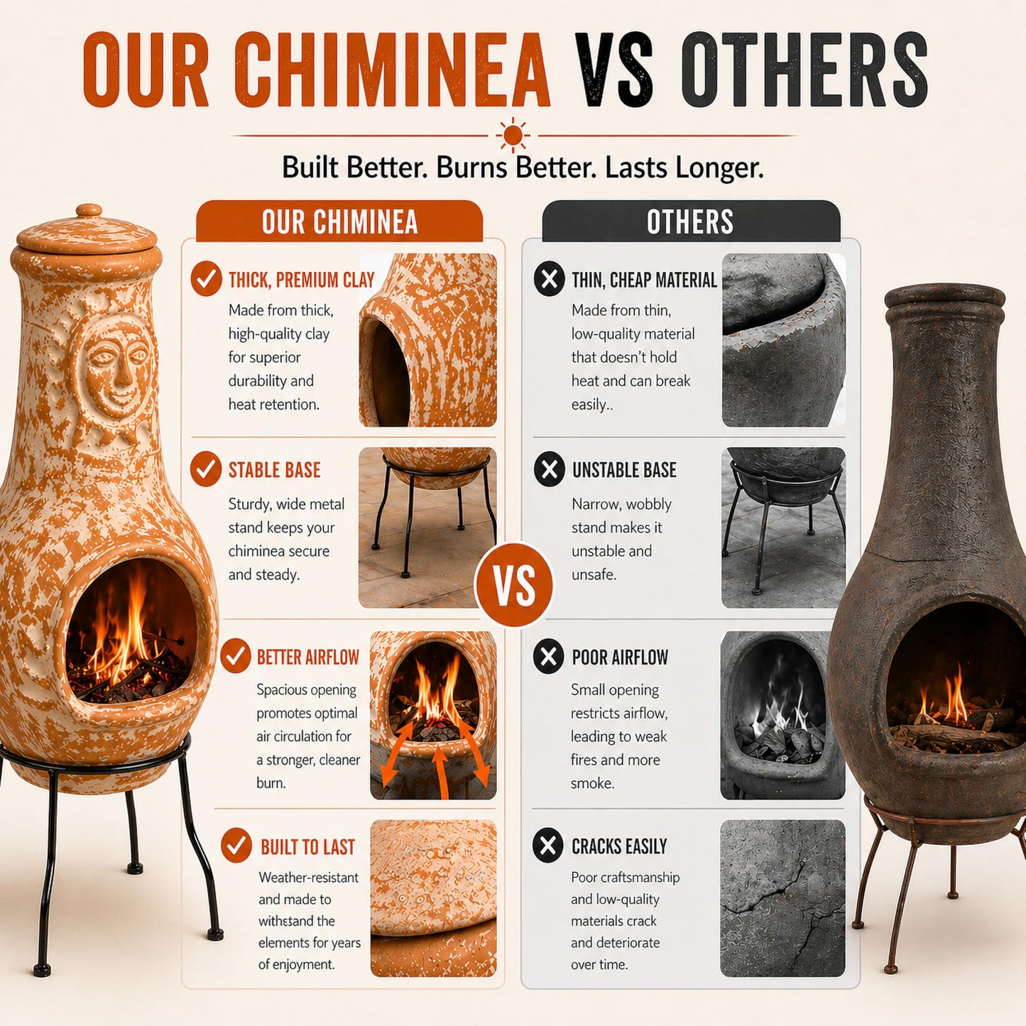 Outdoor Clay Chiminea Fireplace Sun Design Wood Burning Fire Pit with Sturdy Metal Stand, Barbecue, Cocktail Party, Cozy Nights Fire Pit (Beige)