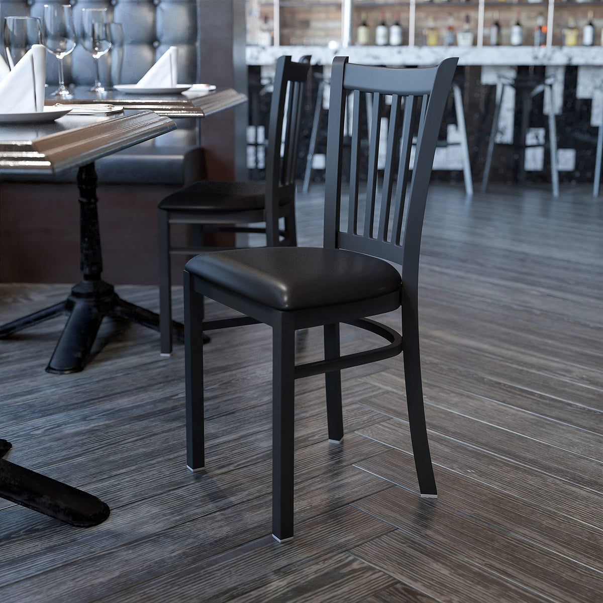 Flash Furniture 4 Pack HERCULES Series Black Vertical Back Metal Restaurant Chair - Black Vinyl Seat