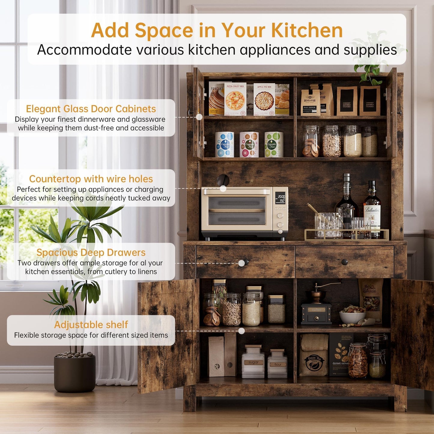 63" Tall Farmhouse Kitchen Pantry Cabinet with Microwave Stand, Freestanding Pantry Hutch Cabinet with Adjustable Shelves, Drawers & Countertop, Buffet Cupboard for Dining&Living Room Storage, Retro