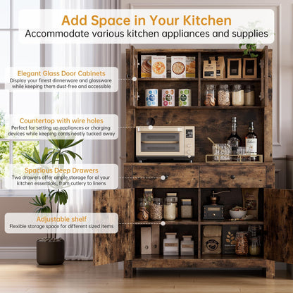 63" Tall Farmhouse Kitchen Pantry Cabinet with Microwave Stand, Freestanding Pantry Hutch Cabinet with Adjustable Shelves, Drawers & Countertop, Buffet Cupboard for Dining&Living Room Storage, Retro