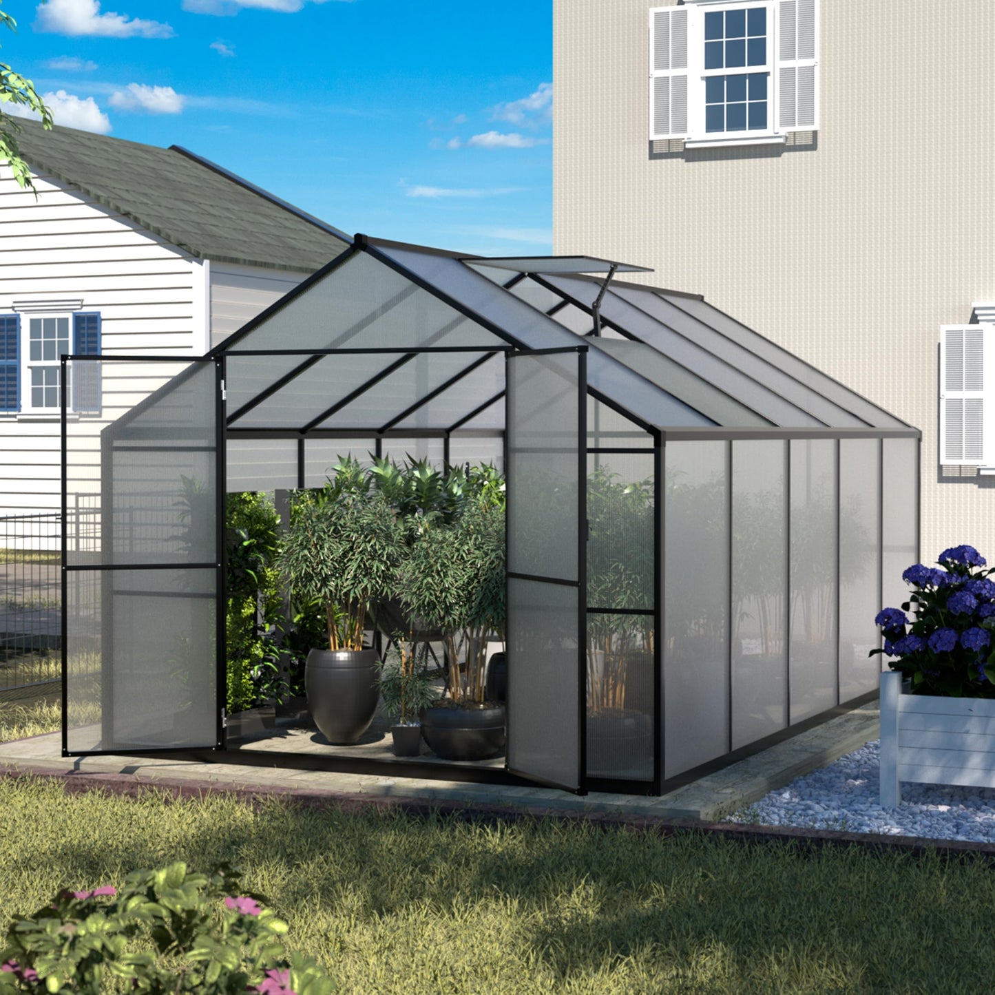 Yardenaler 8x10 FT Outdoor Aluminum Greenhouse Kit, Polycarbonate Aluminum Walk-in Greenhouse with Adjustable Roof Vent and Lockable Door, Backyard Garden in Winter, Gray