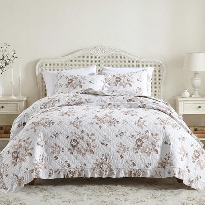 1 2 68x86 inches HORIMOTE HOME Khaki Ruffled Quilt Twin Size with Pillow Sham, Shabby Chic Floral Printed Reversible