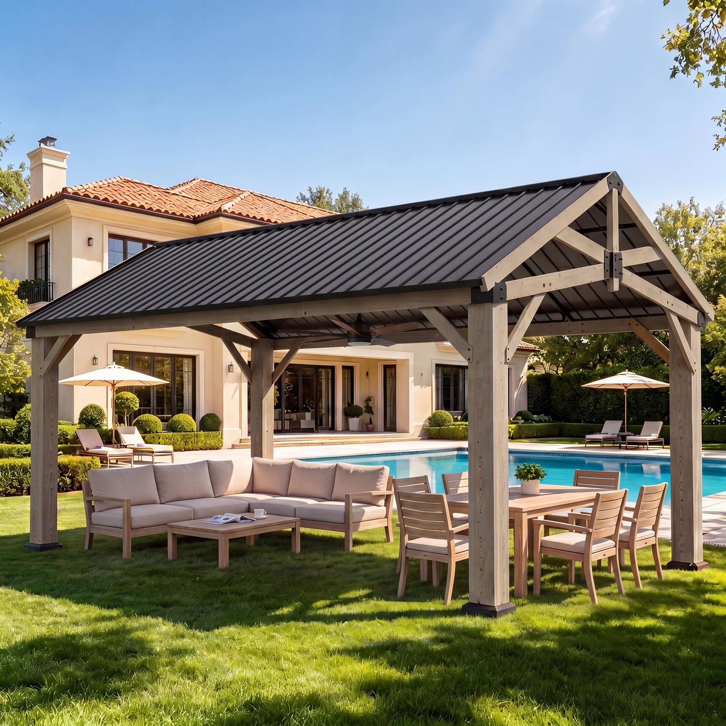 Aoxun 12' x 16' Outdoor Wood Gazebo, Permanent Cedar Wooden Pavilion with Galvanized Steel Hardtop Gable Roof, Heavy Duty Patio Gazebo for Garden, Backyard, Deck, Lawn and Outdoor Living Space
