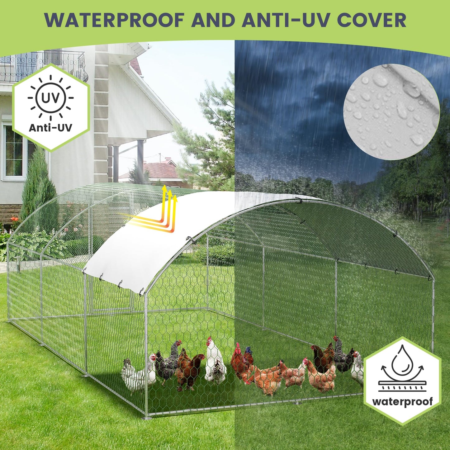 9.8'x19.7'x6.5' Large Metal Chicken Coop Walk-in Poultry Cage, Outdoor with Waterproof Anti-UV Cover & Galvanized Frame, Chicken Run for Backyard Farm, Ducks, Rabbits