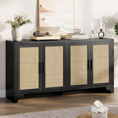 Garvee Natural Rattan Storage Cabinet with Shelves, 4-Door Sideboard Buffet Cabinet, Boho TV Stand Console Table for Living Room, Entryway, Dinning Room