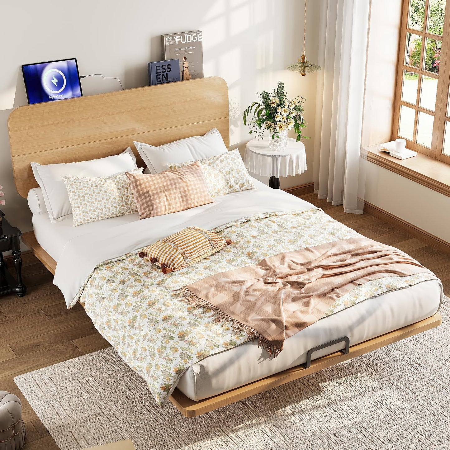 Bellemave Queen Size Bamboo Bed Frame with Headboard,Bamboo Floating Platform Bed Frame Queen Size with Charging Station and Wood Slats,Easy Assembly,Natural