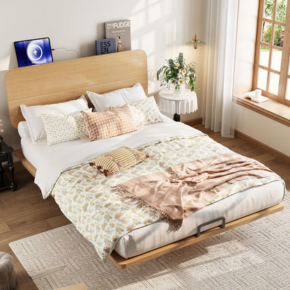 Bellemave Queen Size Bamboo Bed Frame with Headboard,Bamboo Floating Platform Bed Frame Queen Size with Charging Station and Wood Slats,Easy Assembly,Natural