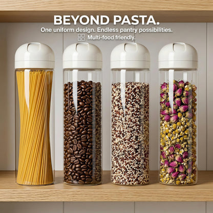 Hoffnugshween Glass Spaghetti Storage Jar with Measuring Dispenser Lid - 67 oz Airtight Tall Pasta Container, Borosilicate Food Canister for Pantry Organization (White)