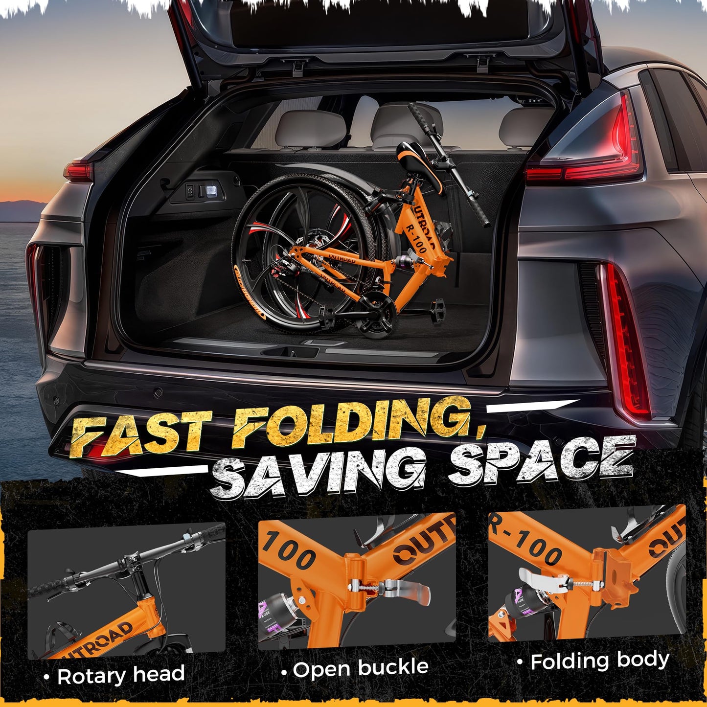 Outroad 26 Inch Folding Mountain Bike, 21 Speed Full Suspension High-Carbon Steel MTB Foldable Bikes, Dual Disc Brake Non-Slip Folding Bicycle for Adults/Men/Women, 26 inch-Orange