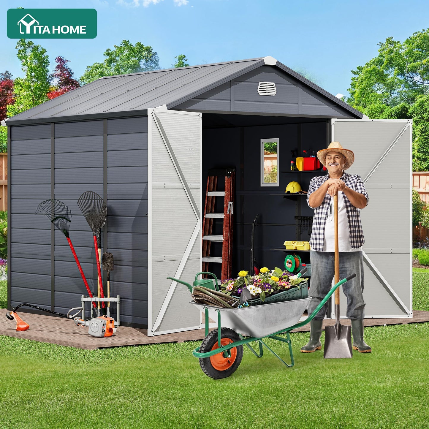 YITAHOME 8x9 FT Outdoor Storage Shed w/o Floor, All-Weather Plastic Shed with Lockable Doors, Window & Vents, Plastic Tool Shed for Backyard, Patio, Poolside, Lawn, Gray