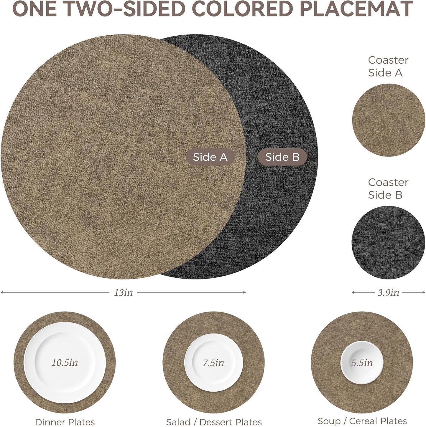 13" Set 6, Round Placemats of NCUE Dual-Sided Faux Leather Heat Resistant Table Mats, Waterproof Oilproof Washable