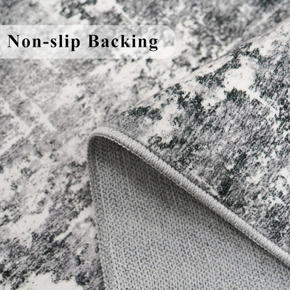 Skiennix Abstract 14ft Long Runner Rug - Non-Slip, Washable, Low-Pile | Soft Black/Grey Indoor Carpet (2'6"x14')