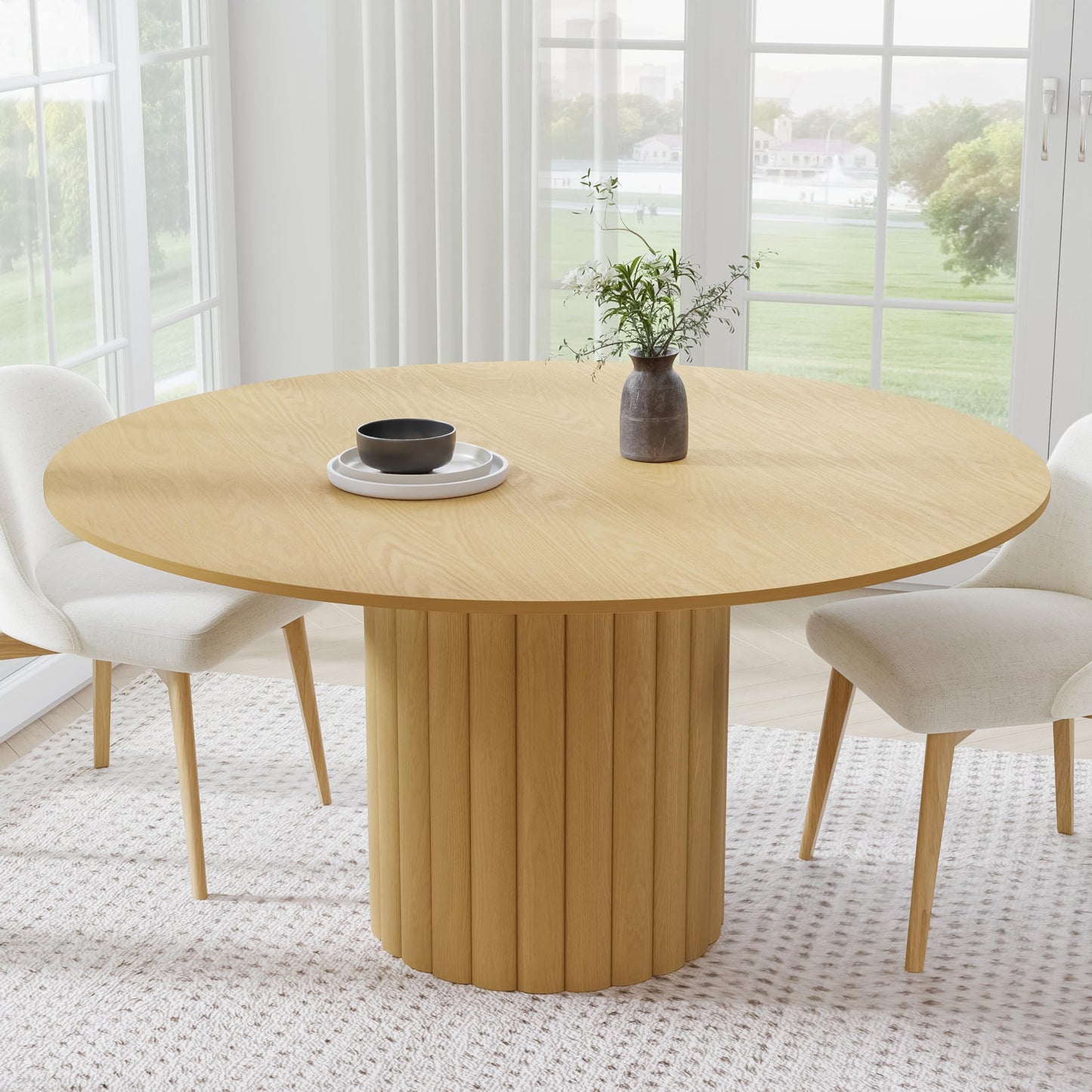 Casaphoria 60" Round Dining Table, Modern Wood Kitchen Table with Cylindrical Wide Bar Protruding Base for Living Room & Dining Room, Easy Assembly Farmhouse Furniture for 4-6, Oak