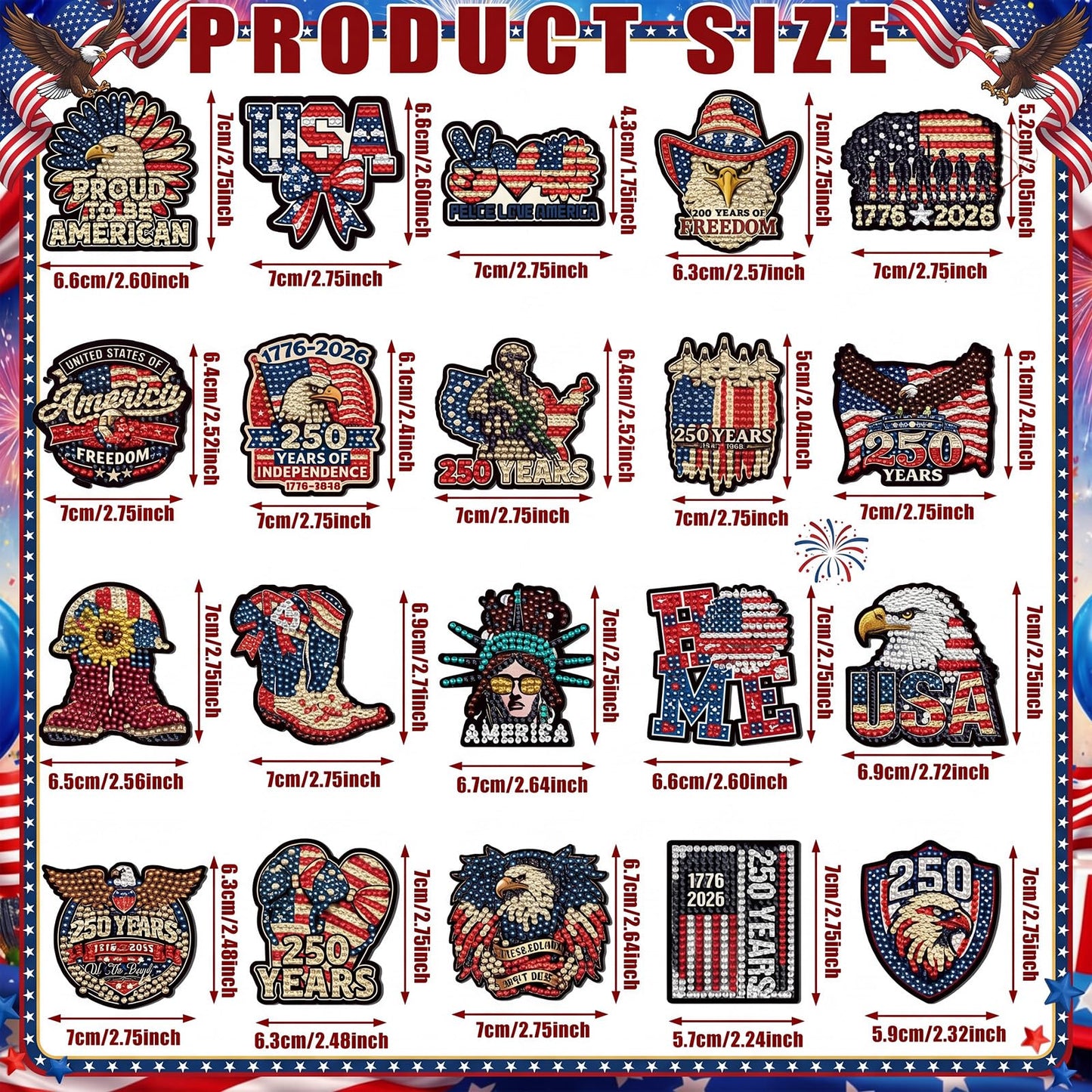 Chapou 20 Pcs 4th of July Patriotic Diamond Art Magnets 250th Anniversary Eagle Diamond Painting Magnets Memorial Day Red White Blue American Flag Magnetic Gem Art Stickers Kits for Adults DIY Decor