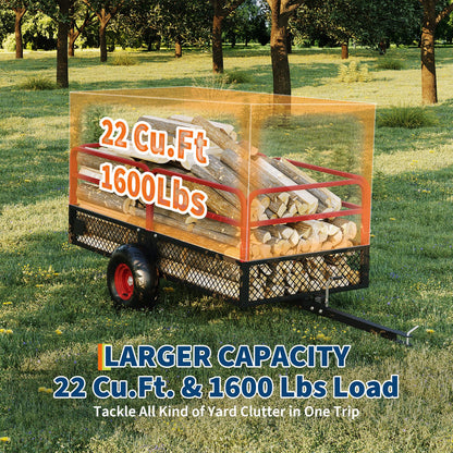 PeakPursuit Tow Behind Steel Dump Cart, Heavy Duty Yard Garden Trailer with Removable Sides & All Terrain Tires, Fits Lawn Mower, Tractor, Garden Cart, 1600 lbs 22 Cubic Feet, Red