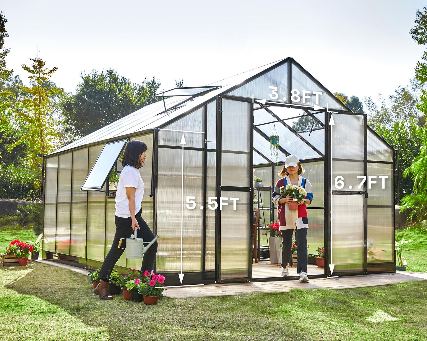 AMERLIFE 12x13.5x9 FT Walk-in Backyard Greenhouse, Aluminum Frame with Polycarbonate Panels, Easy Quick-Connect Assembly, 6.7 FT Bronze Double Doors, 4 Ventilation Windows, Black