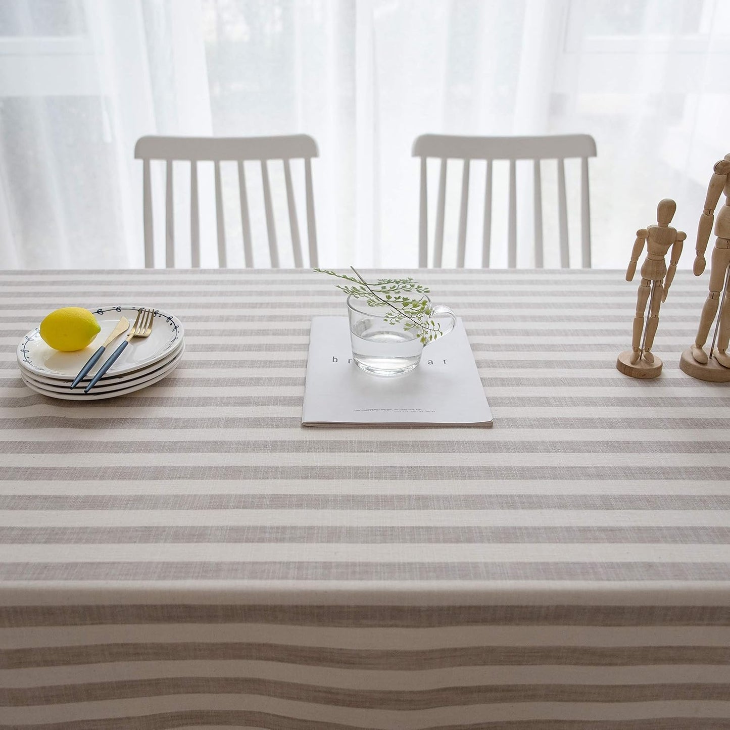 Aquazolax 54 by 54 inch Linen Halloween Table Cloth, Square Striped Taupe Lines Design for Small Parties