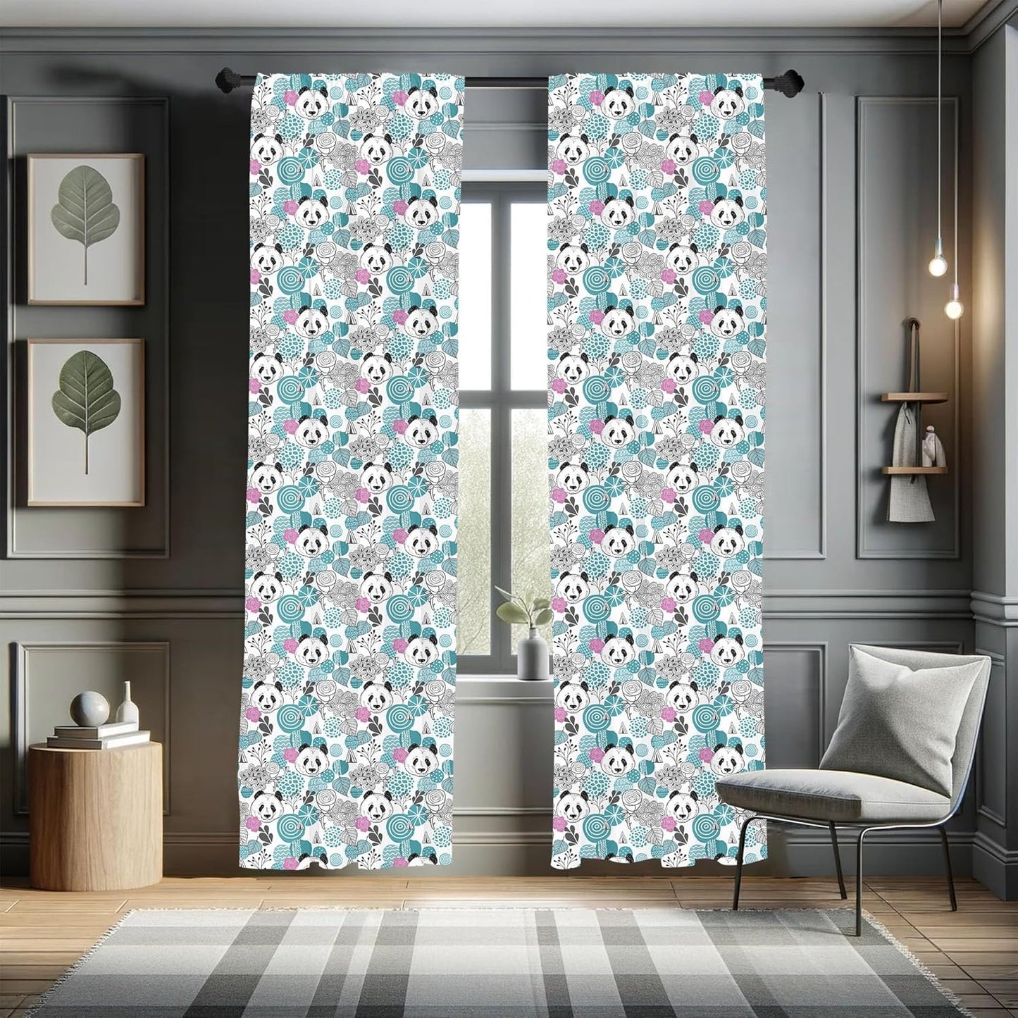 Lunarable Panda Window Curtains, 2-Panel Set with Portraits of Chinese Bears on Sketch Flowers, 28" x 63", Blue Grey