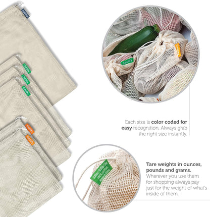 6 Reusable Produce Bags, Organic Cotton Mesh Grocery Bags, Washable, for Vegetables