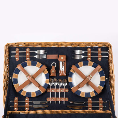 PICNIC TIME - Windsor Luxury Picnic Basket for 4 - Large Wicker Picnic Basket - Deluxe Picnic Set 4, (Navy Blue)