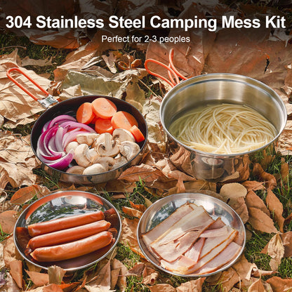Odoland 15pcs Stainless Steel Camping Cookware Camping Pot and Pan Set with Portable Camping Stove Camping Mess Kit with Plates Bowls Forks Knives Spoons for Hiking Backpacking and Picnic