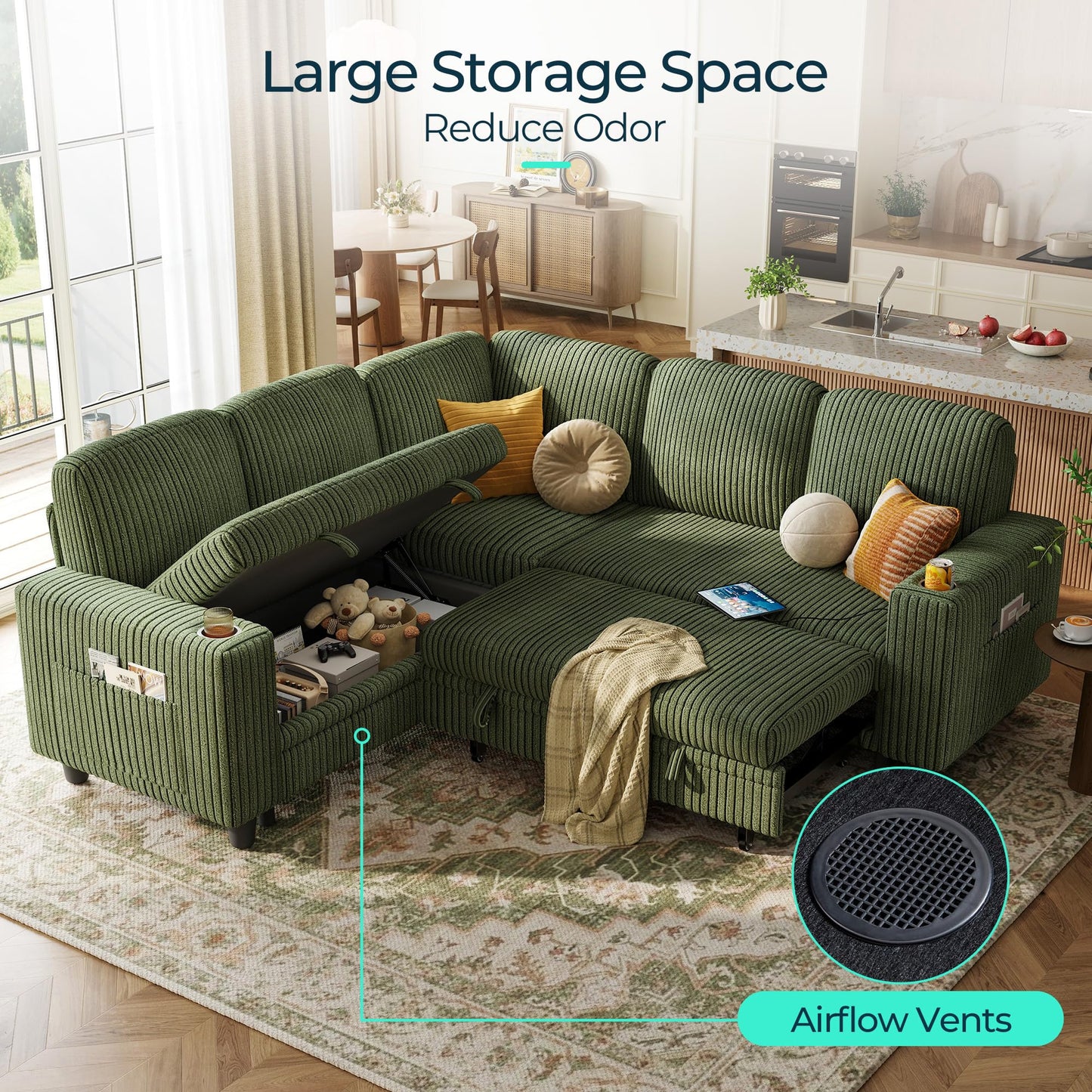 LINSY HOME Sectional Sleeper Sofa with Storage Chaise & USB Charging, Convertible Pull Out Couch Bed Plush Corduroy Modular Sectional Couches for Living Room Apartment (Green)