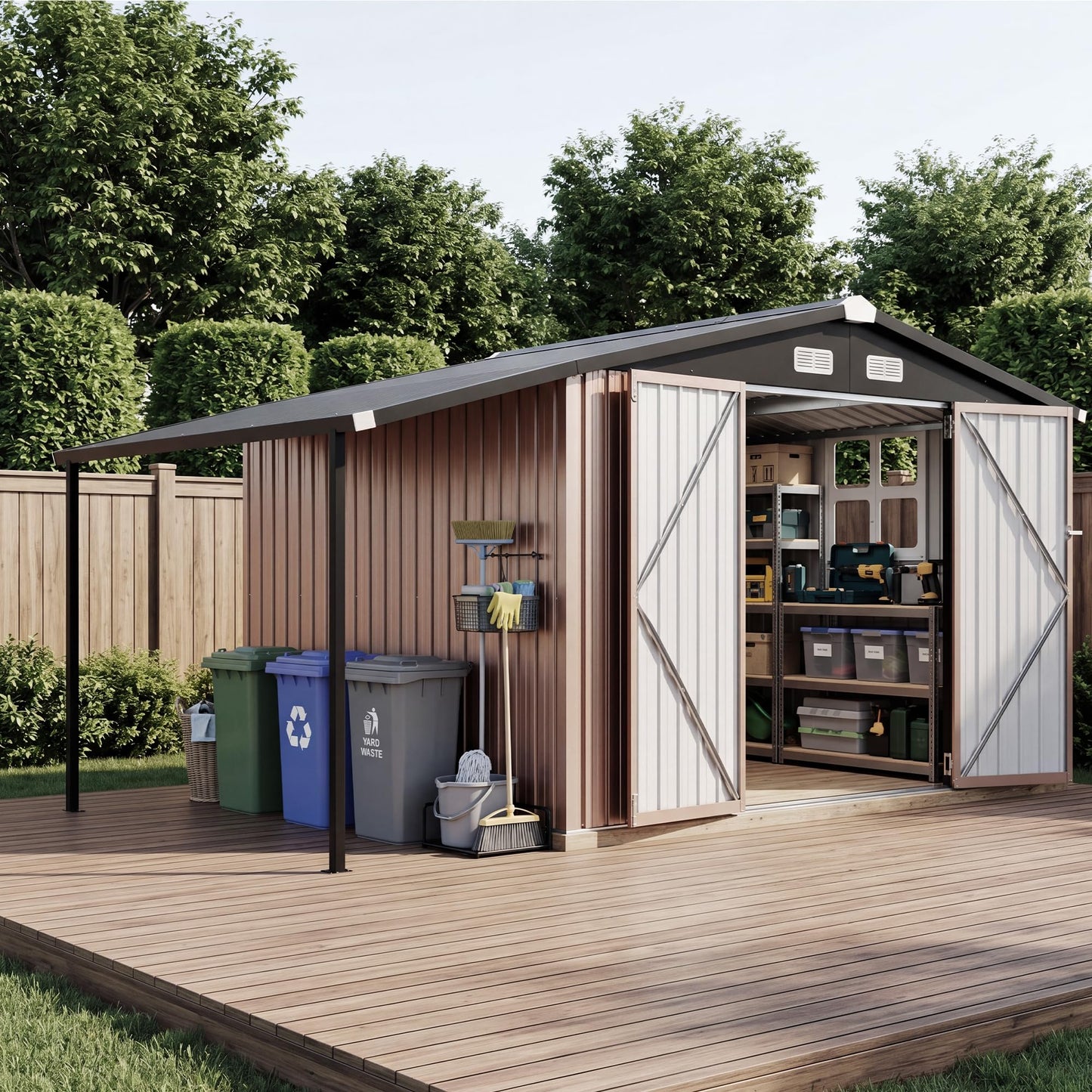 Aoxun 6x10 FT Outdoor Storage Shed with Open Firewood Storage,Galvanized Steel Garden Shed with Lockable Doors,Sloped Roof,Windows, 2 in 1 Large Metal Tool Shed for Patio, Backyard, Lawn (Brown)