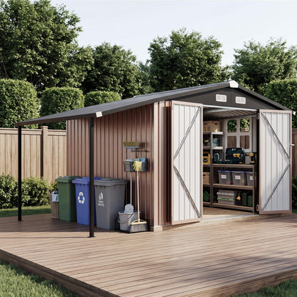 Aoxun 6x10 FT Outdoor Storage Shed with Open Firewood Storage,Galvanized Steel Garden Shed with Lockable Doors,Sloped Roof,Windows, 2 in 1 Large Metal Tool Shed for Patio, Backyard, Lawn (Brown)