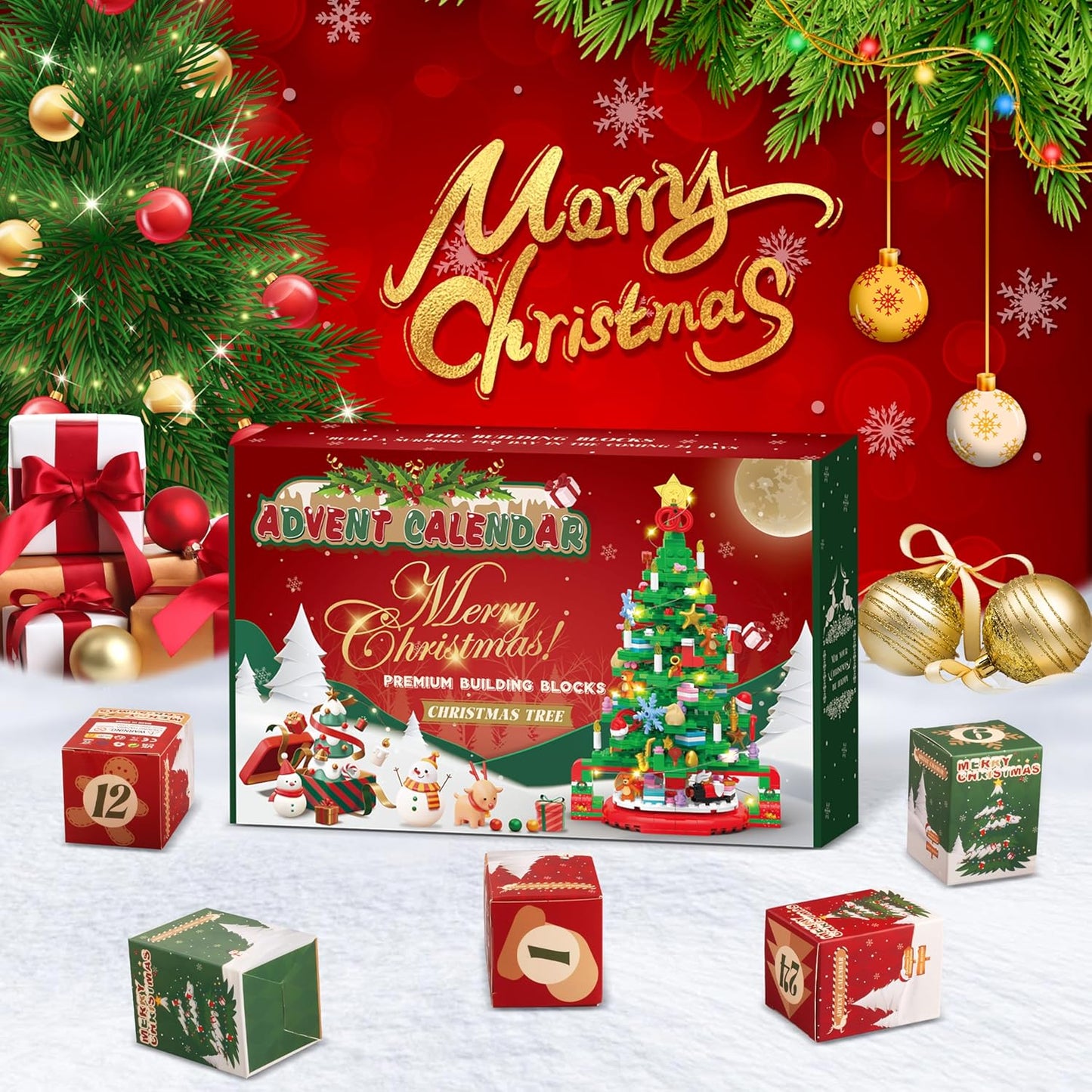Advent Calendar 2024 Christmas Tree Building Set, 24 Boxes Christmas Countdown Calendar with Warm Light for Adults