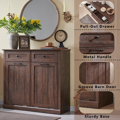 IFGET Double Tilt Out Trash Cabinet, 20 Gallon Farmhouse Laundry Hamper Cabinet with 2 Drawers, Hidden Wooden Trash Can Cabinets with Storage Basket for Kitchen, Living Room (Brown)
