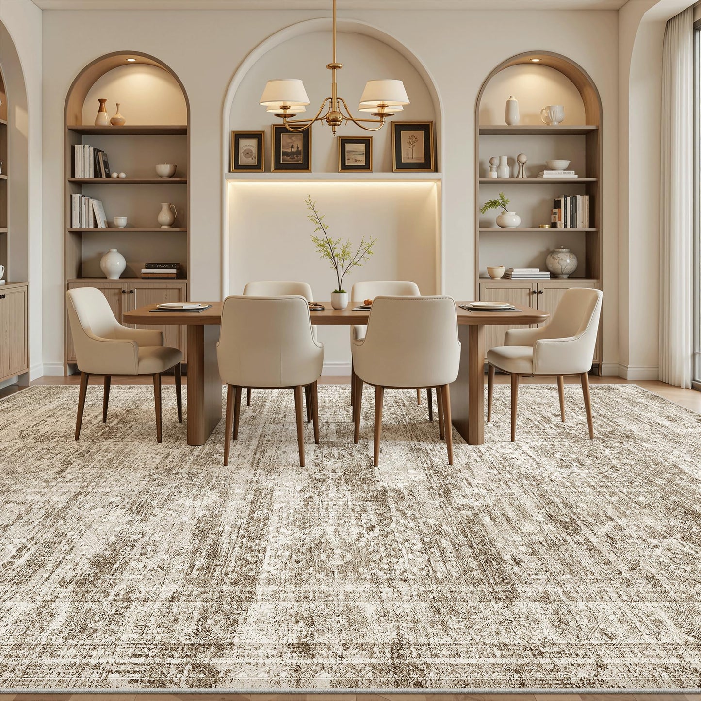 Soalmost 12x15 Washable Area Rug Brown Neutral Abstract Living Room Large Carpet Non Slip Bedroom Indoor Office Dining Room Low Pile Thin Rug