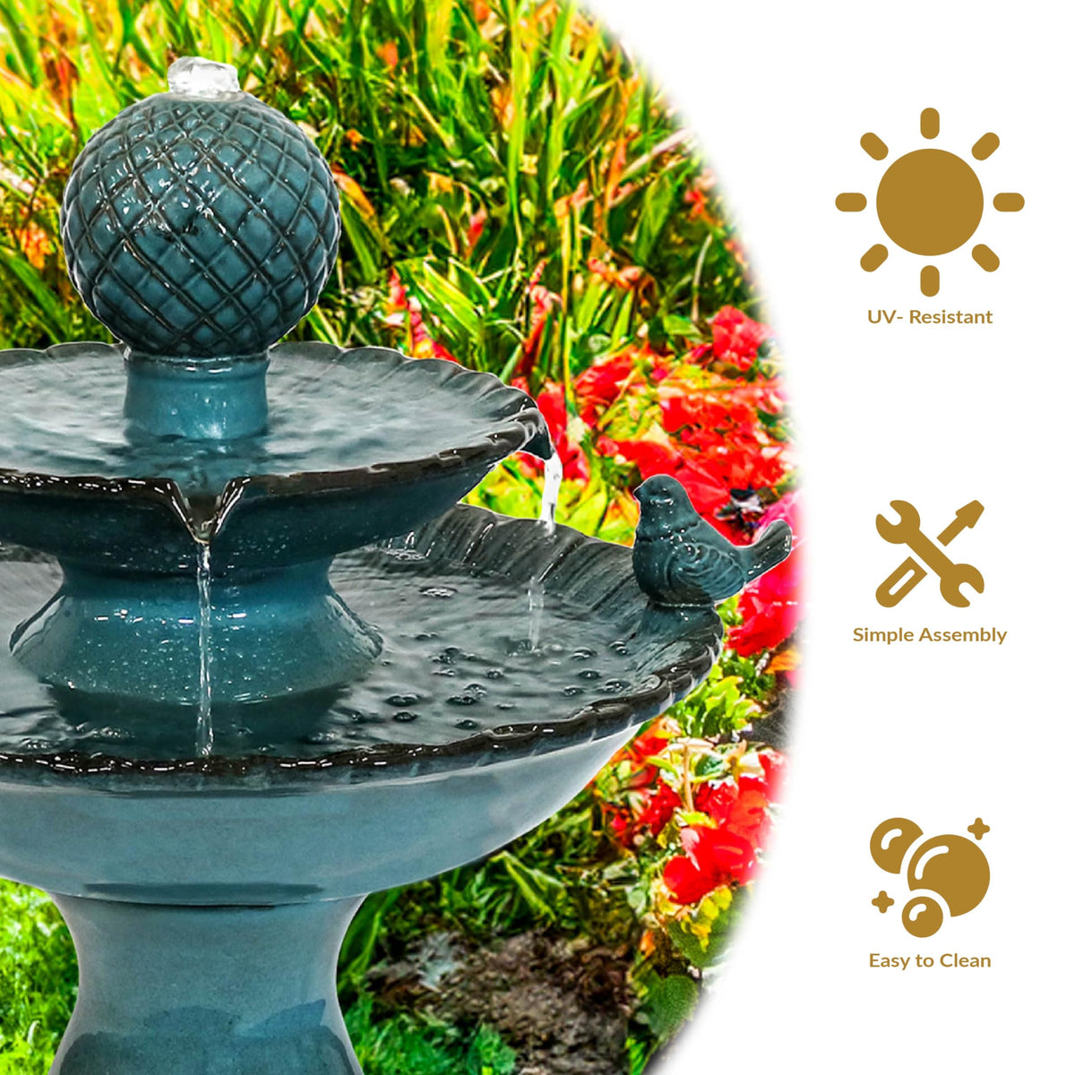 Sunnydaze 27" H 2-Tier Ceramic Water Fountain - Outdoor Water Feature for Patio, Yard, Balcony - Garden Fountain - Blue